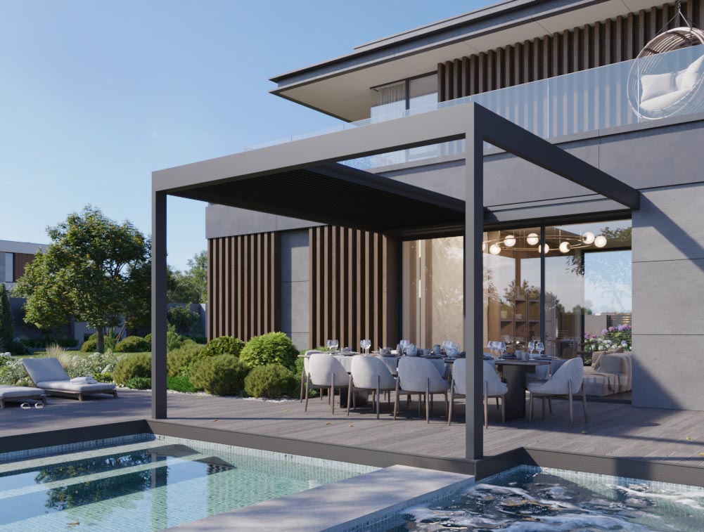 AirCube Open Pergola – Lamellendach Wandmontage